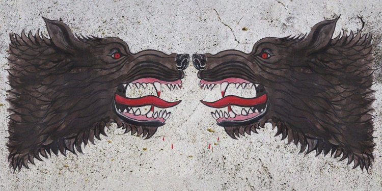 Two growling black dogs facing each other in a mirror image.