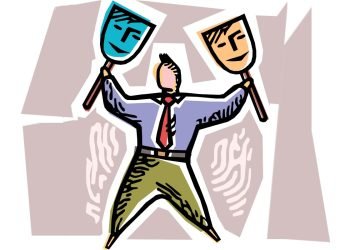 A faceless man holding up two masks, one is the colour of Reform UK