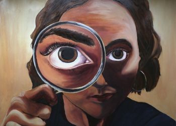 Painted image of a lady holing magnifying glass in front of eye so eye is huge