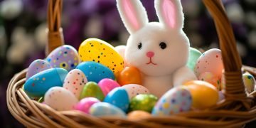 Eater bunny sitting in a basket of colourful eggs