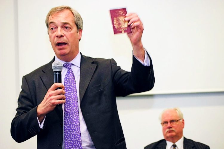 Nigel Farage holding up a passport