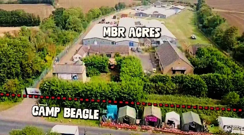 Aerial view showing the Camp Beagle protest outside the MBR Acres site.