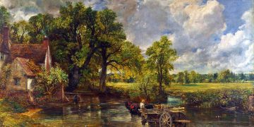 Constable's most famous painting, The Hay Wain, showing a rural scene with a cottage with trees and open fields, and a cart with two men being pulled by two horses in the shallow waters of the River Stour at Flatford Mill in Suffolk
