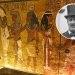 Composite image of wall paintings of Egyptian figures inside King Tutankhamen's tomb and an inset image of Howard Carter wearing a top hat.