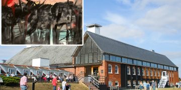 External view of Snape Maltings, with an inset of one of Jane Mackay's artworks, illustrating Britten's War Requiem in dark and forbidden colours such as black, charcoal grey and crimson