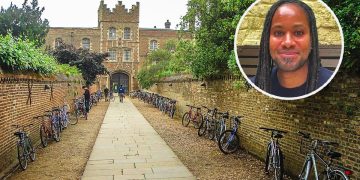 Image of a long and wide path, paved in the centre and gravelled at the side, with walls along each side, leading to a big crenellated gatehouse with a large archway. There are many bicycles leaning against the walls either side of the path. Inset image of Jason Arday, a Black man with long dreadlocks