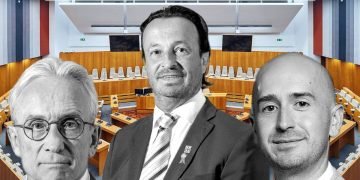 Composite image of David Bick, Karl Catchpole and Ben Goldsborough in front of the Norfolk County Council chamber.